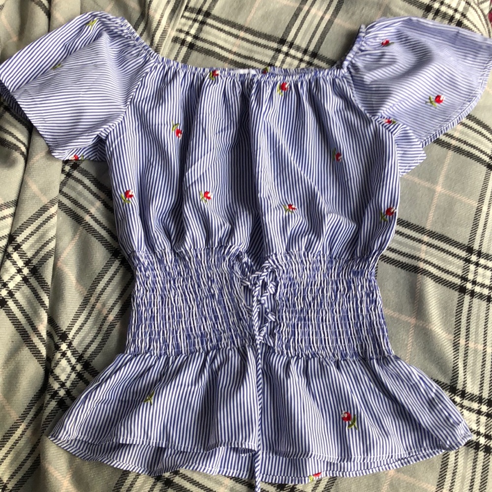 Blue and white stripes with flowers shirt